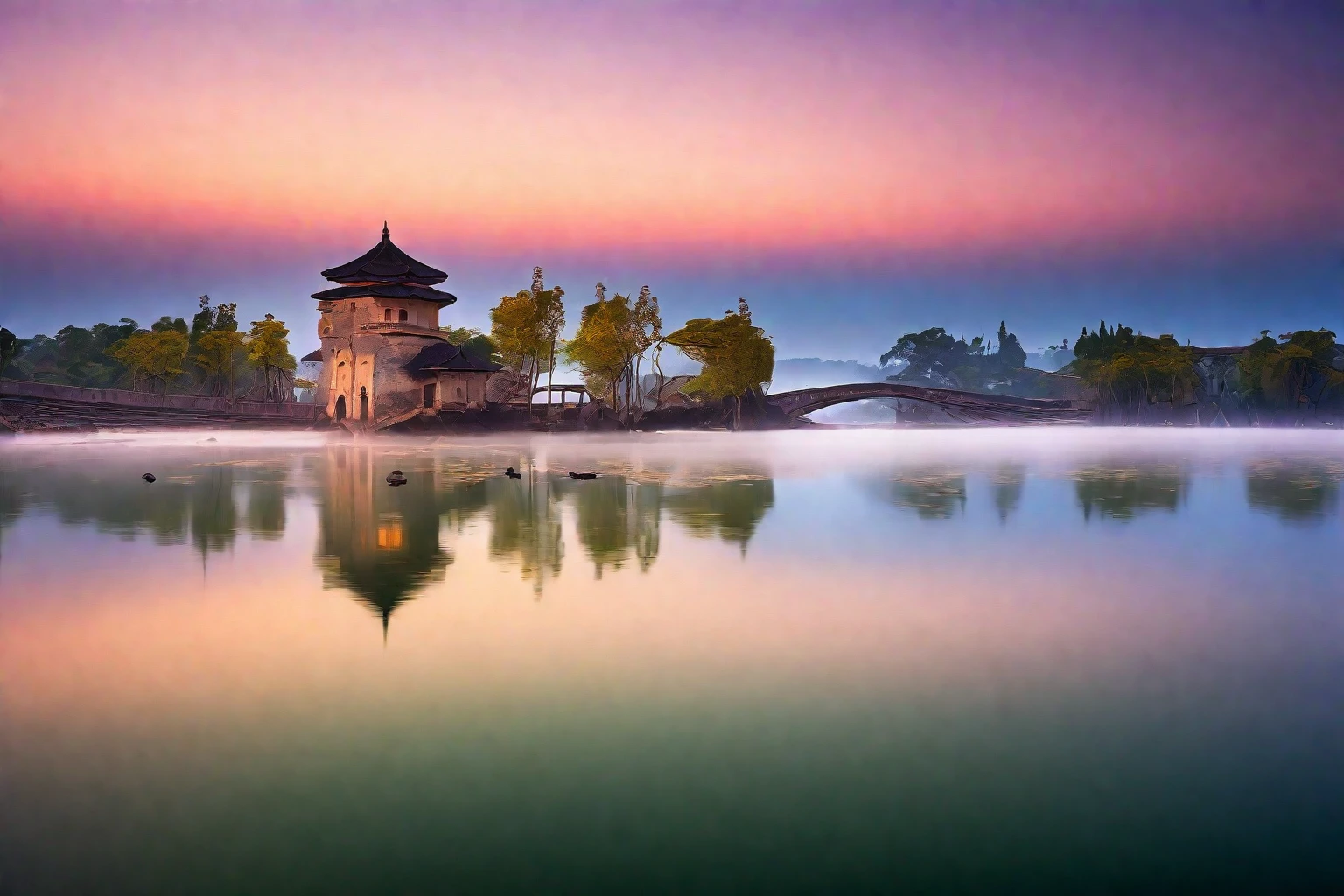 Ancient buildings,landscape,morning,Glow,Reflection on the surface of the water,Long exposure,The ultimate in landscape photography,Award-winning work by international masters of photography,RAW,8K,HD,Detailed Details,Perfect for photography
