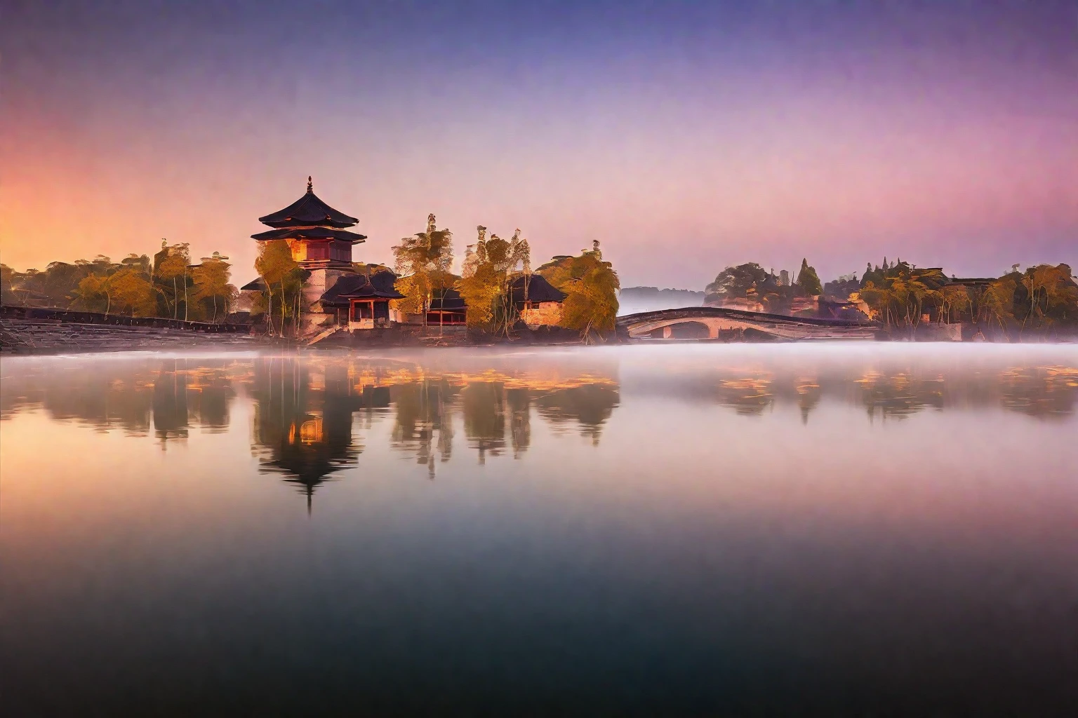 Ancient buildings，landscape，morning，Glow，Reflection on the surface of the water，Long exposure，The ultimate in landscape photography，Award-winning work by international masters of photography，RAW，8K,HD，Detailed Details，Perfect for photography