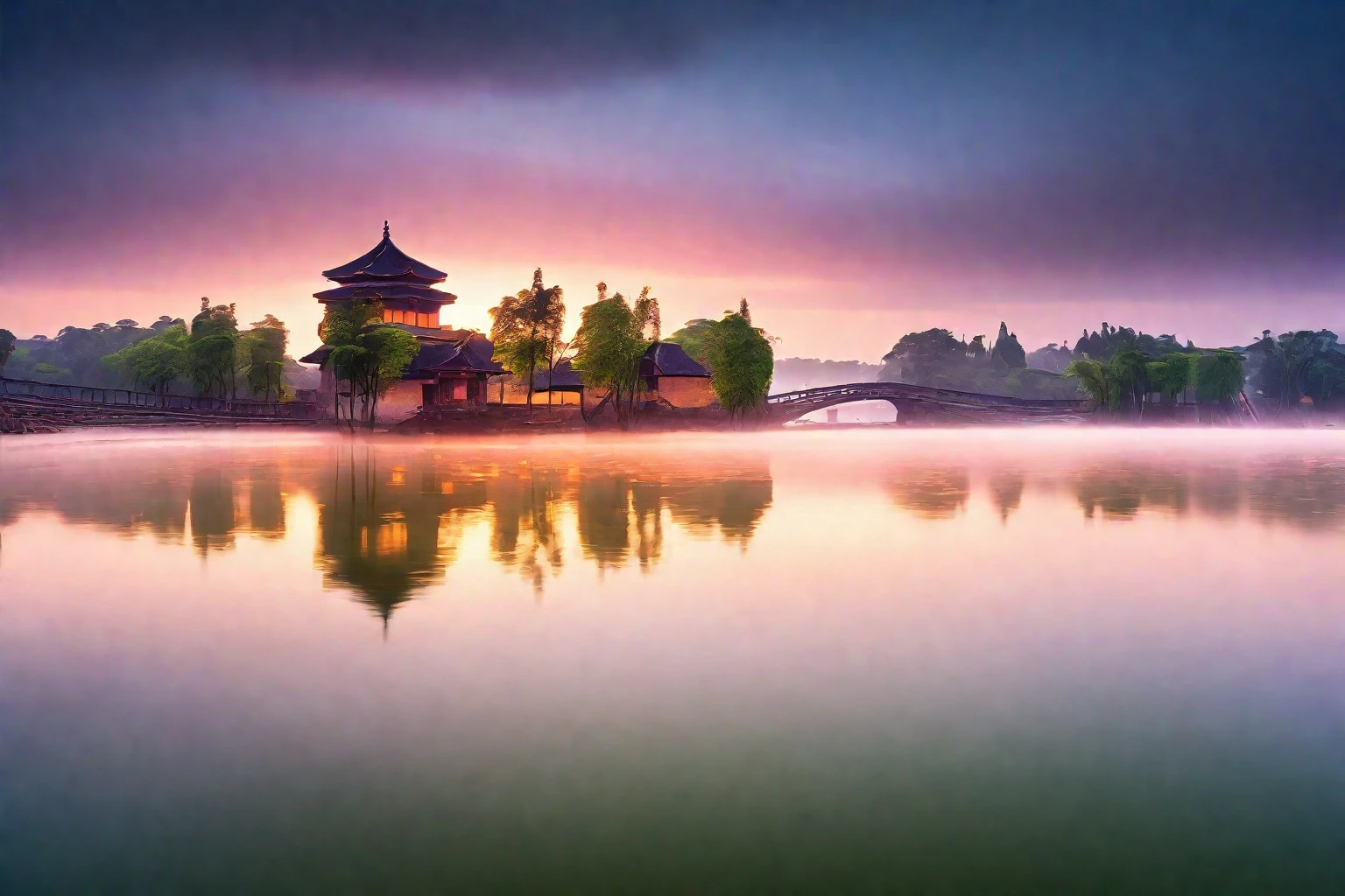 Ancient buildings，landscape，morning，Glow，Reflection on the surface of the water，Long exposure，The ultimate in landscape photography，Award-winning work by international masters of photography，RAW，8K,HD，Detailed Details，Perfect for photography