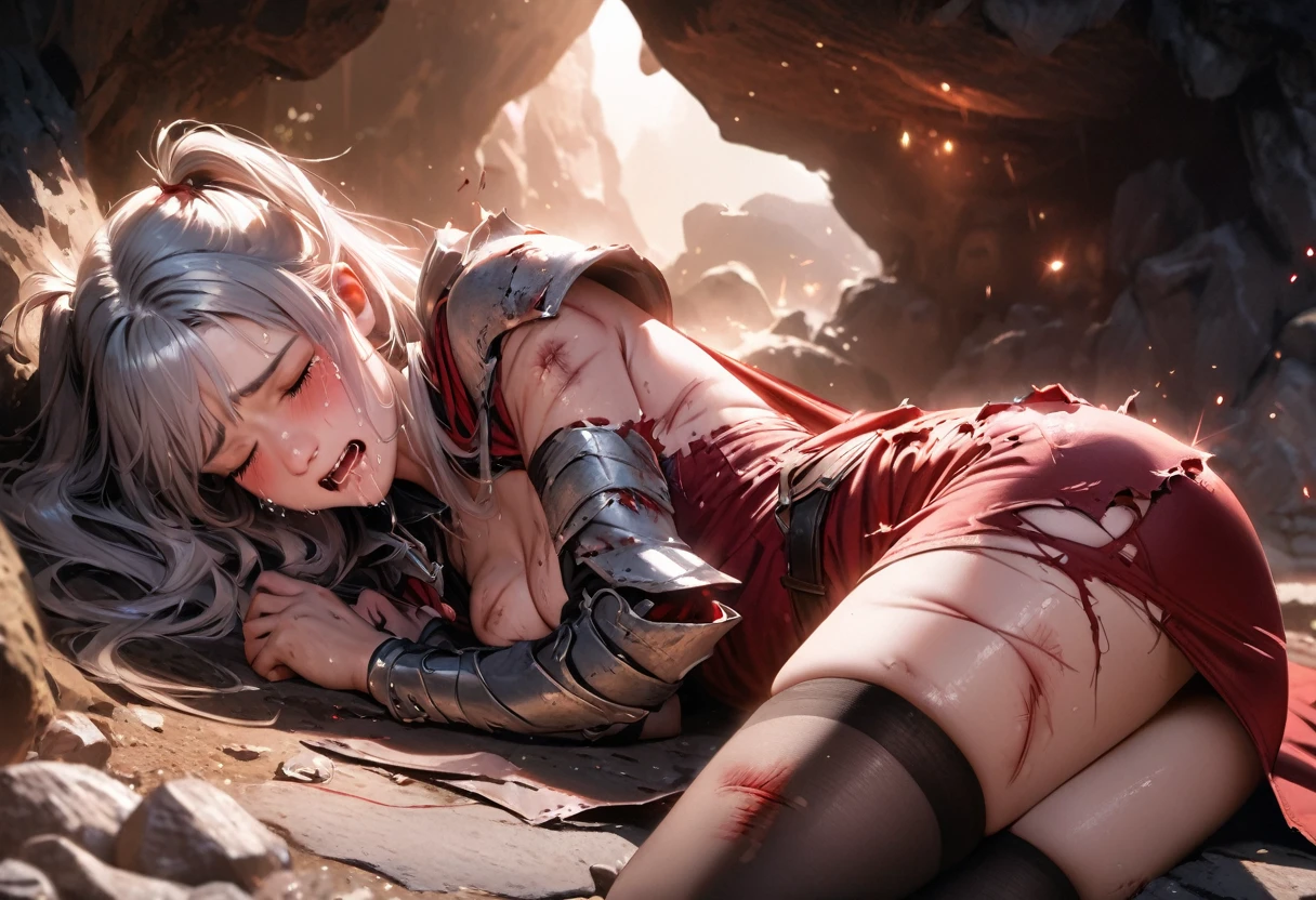 ((((darkness:1.4)))), (sweating_profusely), (((Whole body covered in blood))), spread legs, ((crying)), at midnight, (bloody wounded), (Dying Silver-Haired Elf), (((faint lighting:1.4))), ((completely naked)), (Tentacles covered in a very large amount of blood), (A dirty cave), (Sitting on a tentacle in the swamp), (closeup), (arms behind), ((Full body with metal restraints)), (Constraints), (torture), (Prisoner), (Execution), upper body, (((look up:1.4))), (((Wide open mouth))), (A white dress), ((Massacre)), ((cruel)), ((Completely missing eyes)), (((Stick your chin out))), (out of frame),vaginal,(((頭が外れた顔:1.4)))