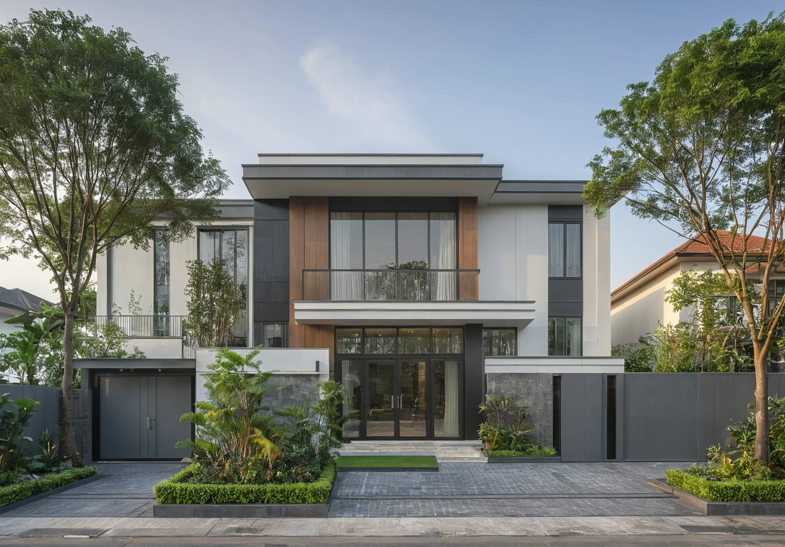 modern villa on street, (daylight), tropical tree, green shrub and plants, vivid color, streetcapes, minimalist design, brigth grey tone, (large glass door:1.2), warm interior lighting, modern material, best quality, ultra realistic, masterpiece, 
