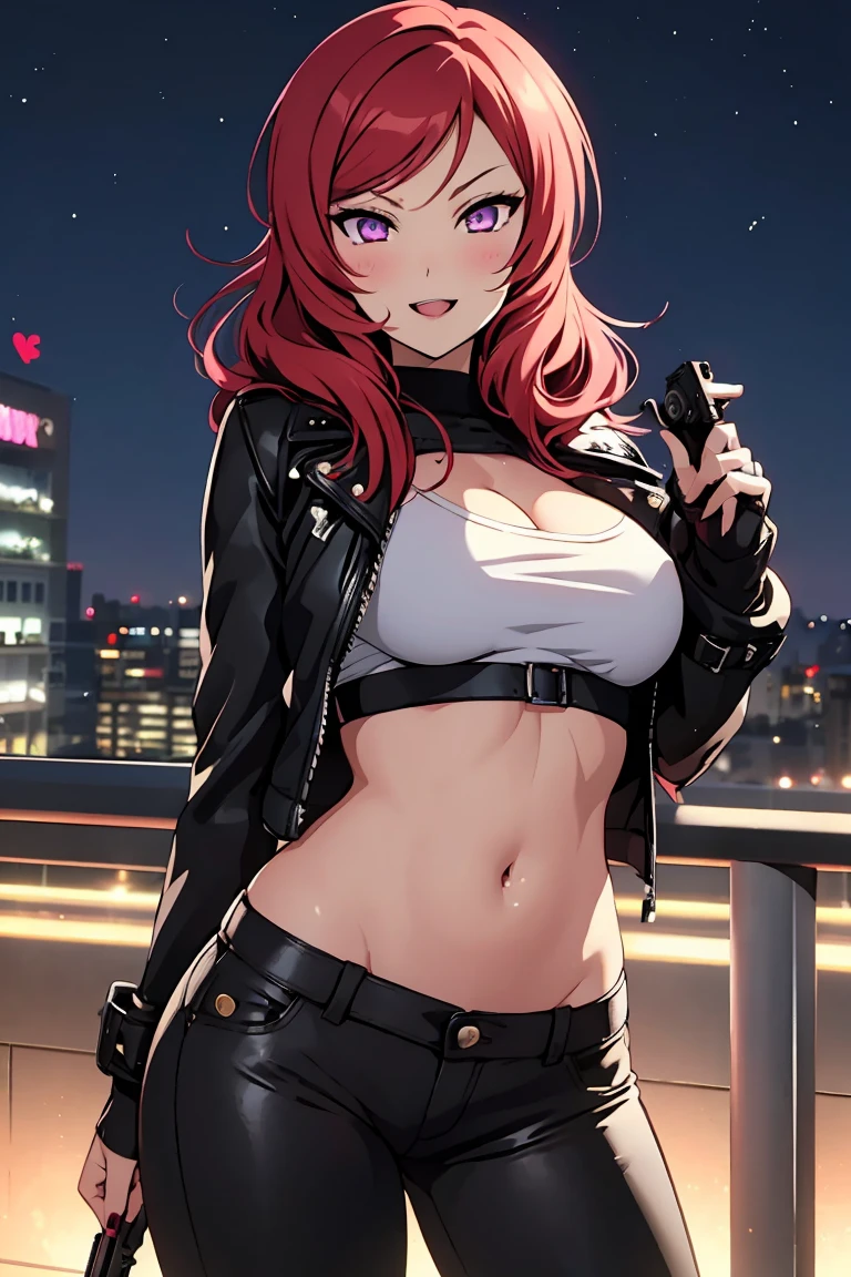 Nishikino maki, Purple eyes, bangs, curvy body, blush, lipstick, Hot girl, baddie, staring, glaring, bad attitude, mean girl, dare, angry, hate, crazy, smoking, sensual, attractive, fur trim, mature female, gloves, fur-trimmed coat, outdoors, rooftop, cityscape, building, railing, night, night sky, scenery, city lights, blush, lipstick, masterpiece, best quality, highly detailed, a girls with a gun, evil smile , open mouth, sexy gaze, badass pose , evil smile, smile, (nsfw) not safe for work, guns blazing, anime girl with long hair, beautiful long haired girl, navel, evil expression, exposed belly, exposed navel, exposed midriff, exposed lower belly, long black pants, crop top, cleavage, unbuttoned leather pants ,open fly, low rise black leather pants, leather jacket, holding a gun, navel piercing