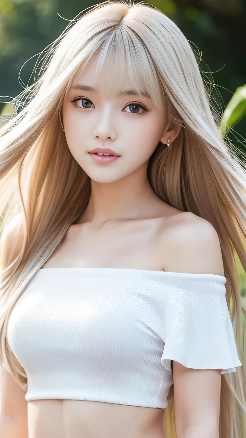 Silver Shiny Hair、Super long straight silky hair、Dazzling blonde, super long, silky hair、16 year old cute little beautiful face、Beautiful girl、A radiant blonde dancing in front of a beautiful face、length, Silky bangs that cover the area between the eyes、so beautiful, bright, big, bright青い目、Very big eyes、Hair that hides the face、Sexy and cute young woman with super long bangs、Very white skin、Cheek Gloss Highlighter、Small Face Beauty、Colorful off-the-shoulder、Belly-baring T-shirt、Ample Bust