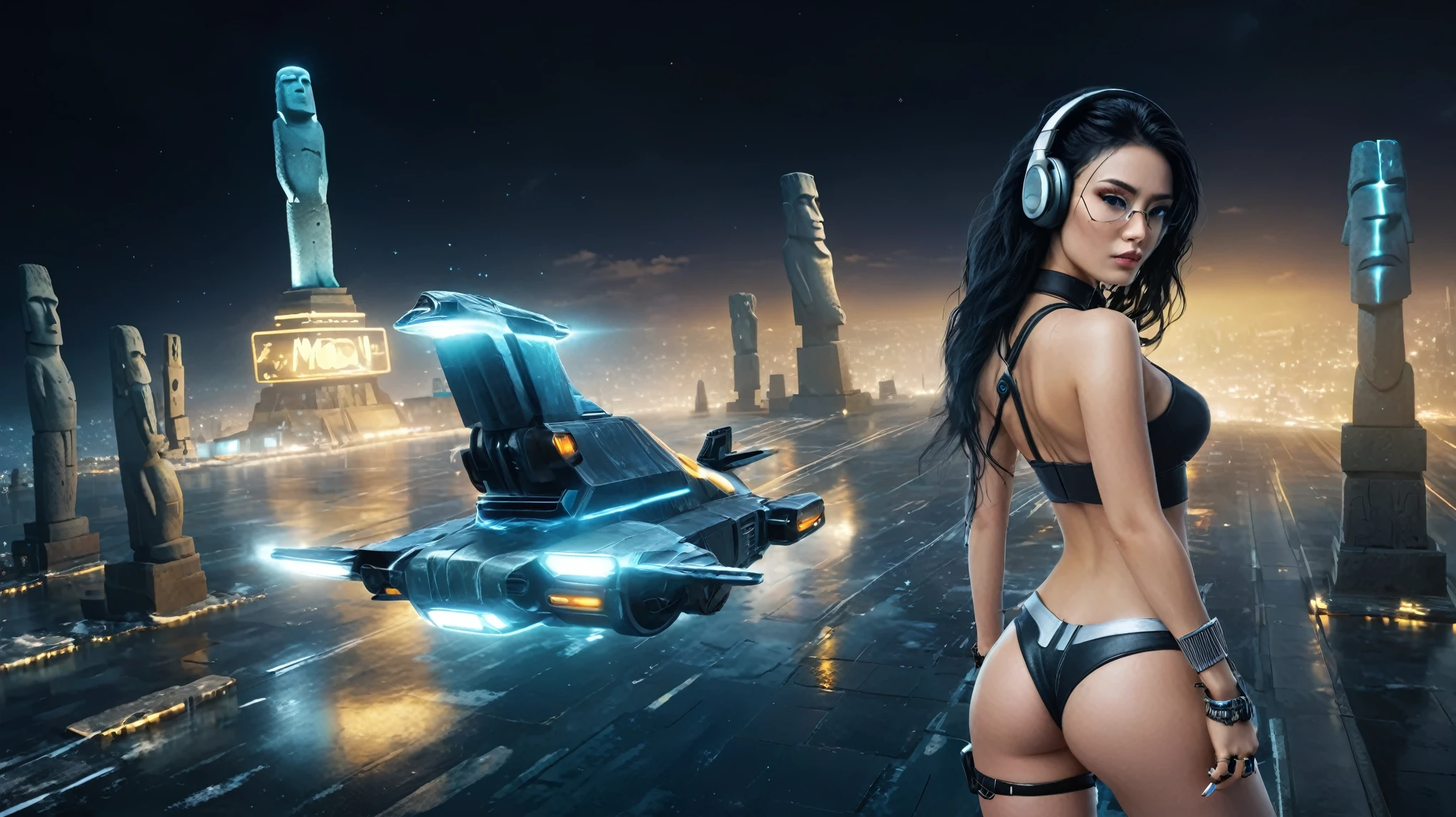 At night, dark sky, distant shot aerial view of fantasy cyberpunk style ice ((Moai-statue)) city, ((flying car)). ((1girl, solo, alone)), medium-breast:1.1 slim body, cleavage, sexy clothes, (headphone, black sunglasses, long black realistic hair), (((hip-up standing and holding pistol))), half-body thigh level medium shot, cinematic lighting.