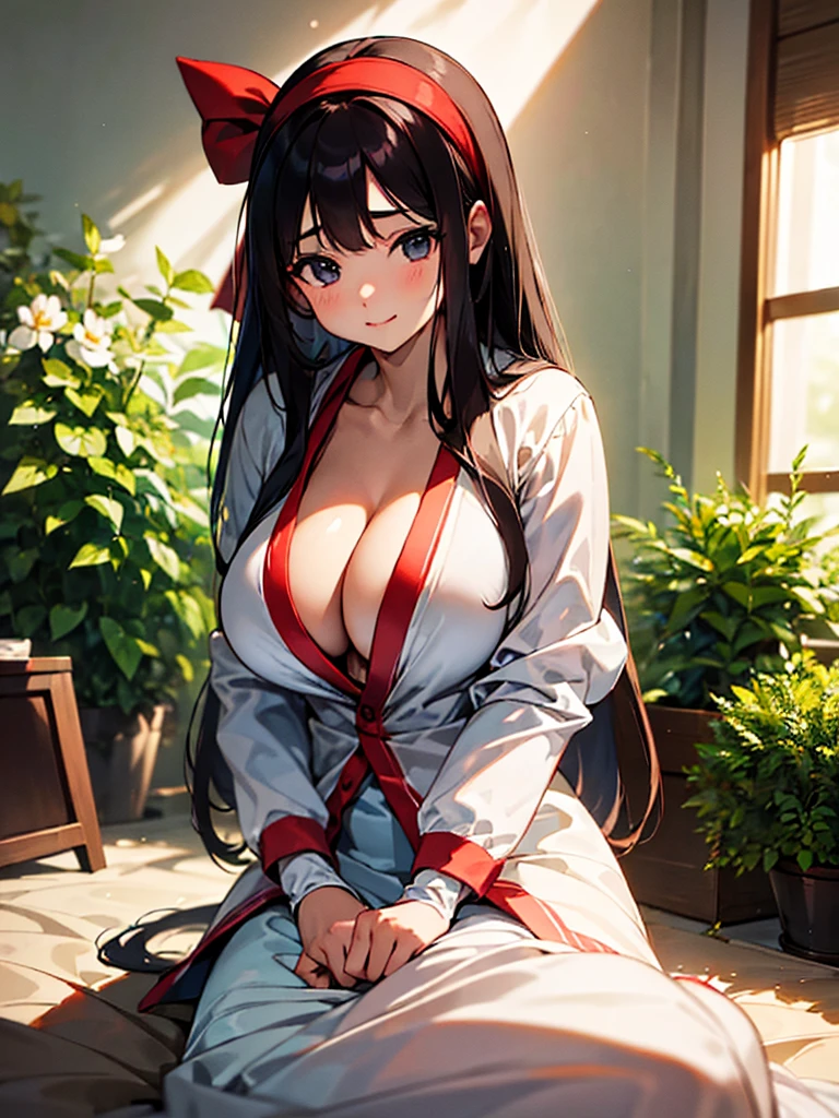 (masterpiece、top-quality、hight resolution), Create an image of a woman with a pure and innocent appearance, dressed in modest and elegant clothing. She should have an air of sophistication and refinement, with a gentle smile and a calm demeanor. The background can be a tasteful and upscale environment, such as a garden or a well-decorated room, emphasizing her outwardly pure and reputable persona. The image should subtly suggest a hidden, more promiscuous side without being explicit. ((red ribbon, hair band, cardigan, Glamorous body, big tits))