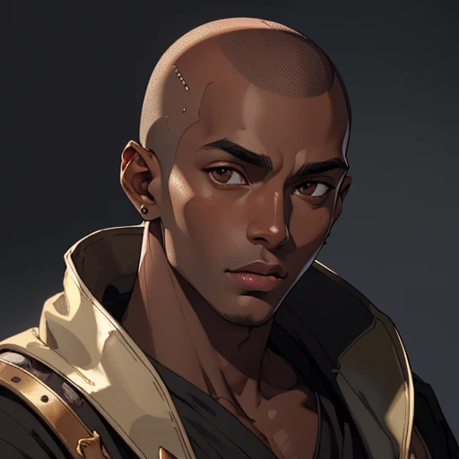 (masterpiece), (best quality),(portrait),(bust up),1boy,solo,(sharp focus),((look at viewer)),(dark skin),adult,((bald)),puffy lips,(ancient:1),ancient luxurious long clothes,old school fantasy art,((simple background)),super shiny face,Ultra Glossy Skin,