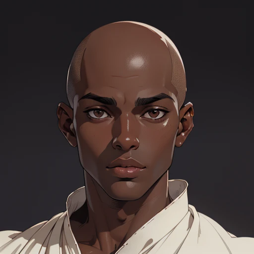 (masterpiece), (best quality),(portrait),(bust up),1boy,solo,(sharp focus),((look at viewer)),(dark skin),adult,((bald)),puffy lips,(ancient:1),ancient luxurious long clothes,old school fantasy art,((simple background)),super shiny face,Ultra Glossy Skin,