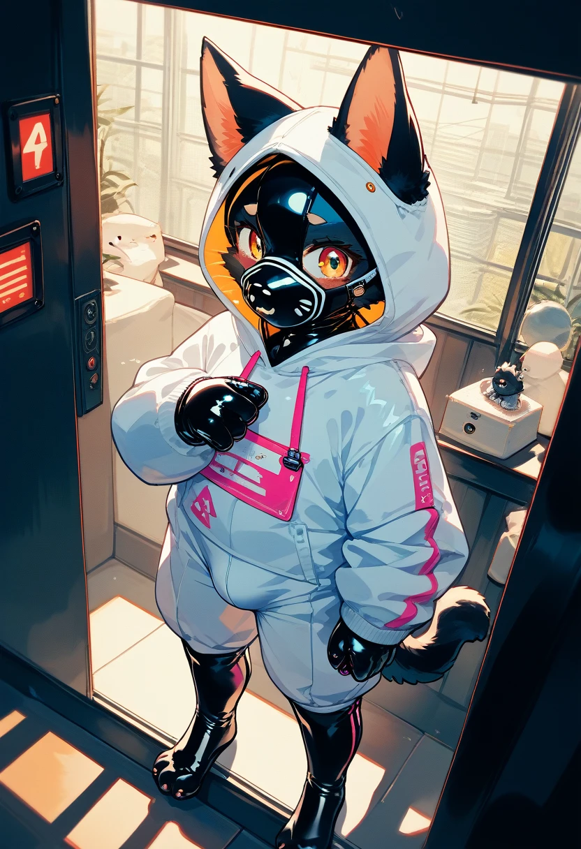 Highest quality, Highest quality, High quality illustrations, masterpiece, Ultra-high resolution, Detailed Background, Games Room, Absurd, Perfect Anatomy, performance, Good lighting, Shadows in the movies(kemono, Furry PersonifiCation), Cat, Dark Skin, Rubber suit, Rubber suit, latex, neon, neonライト, neonカラー, Rubber spats, White rubber hoodie,  Rubber mask, ribbon, Embarrassing, Null bulge, male, juvenile, From above