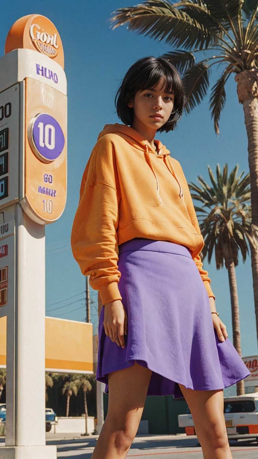 long shot portrait of cute 23 yo girl ,wear ((orange color oversized hoodie)), wear ((purple tennis skirt)),looking viewer,Best Quality,Masterpiece,Ultra High Resolution,(Realisticity:1.4),Original Photo, 1Girl, light leak,ultra high resolution,UHD,beautiful, (black bob hair), almond eye, no makeup, in front of ((80's gas station)), (realistic:1.2), (very detailed:1.1), ((masterpiece)),summer, blue sky, palm trees,sunny, los angles vibes,film camera, 800mm lens,style of Philip Lorca diCorcia