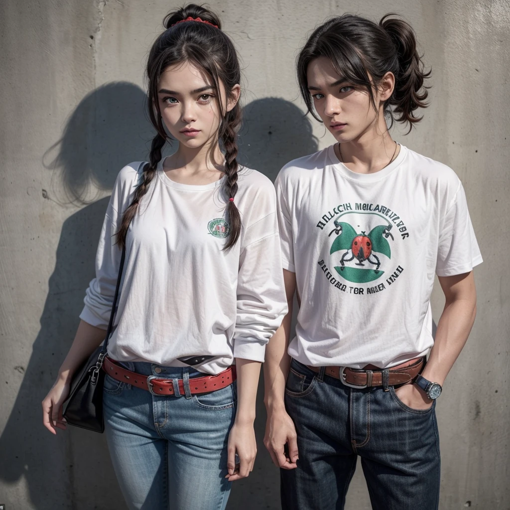 A young man of Mexican origin with light brown complexion.He has straight black hair, And brown eyes.He wears a green t-shirt with a white design on the chest that represents the eagle devouring a snake., the central symbol of the flag of Mexico.Wear white pants and a red belt.On his left wrist, carry the Omnitrix, that camouflages itself as a normal watch with a black strap and silver dial when not active.His build is athletic, with defined muscles, and measures approximately 1.75 meters high.Description of Marinette Lupine Chain (ladybug):Marinette has pale skin, long dark blue hair, collected in two pigtails, and blue eyes.In his civilian attire, She is wearing a white blouse with a light pink jacket, blue jeans and pink sneakers. She carries a small bag decorated with ladybug designs..Como ladybug, He wears a red suit with black polka dots, tuned to maximize agility.He wears a red mask with black polka dots that covers his eyes..His gloves and boots are red with black polka dots..Carries a red yo-yo with black polka dots, used as a weapon and tool of displacement.Marinette is approximately 1.65 meters and has a slim but athletic build.