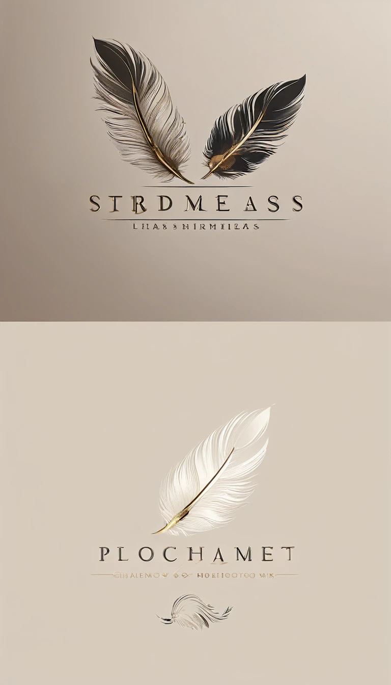 A sophisticated and timeless logo of a poetic, dreamy feather for a high-end cinematic storytelling brand. The logo should incorporate an elegant font and include an illustration of a special, fantastic feather that convey a sense of dreams, stories, music and memories