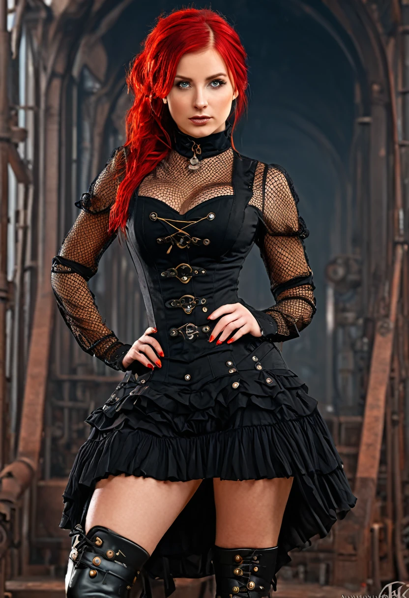 Masterpiece best quality, ultra high resolution, 4K detailed CG (Adriana Malkova 1.0) bright eyes, red hair, Steampunk, with black split-off mesh dress and boots