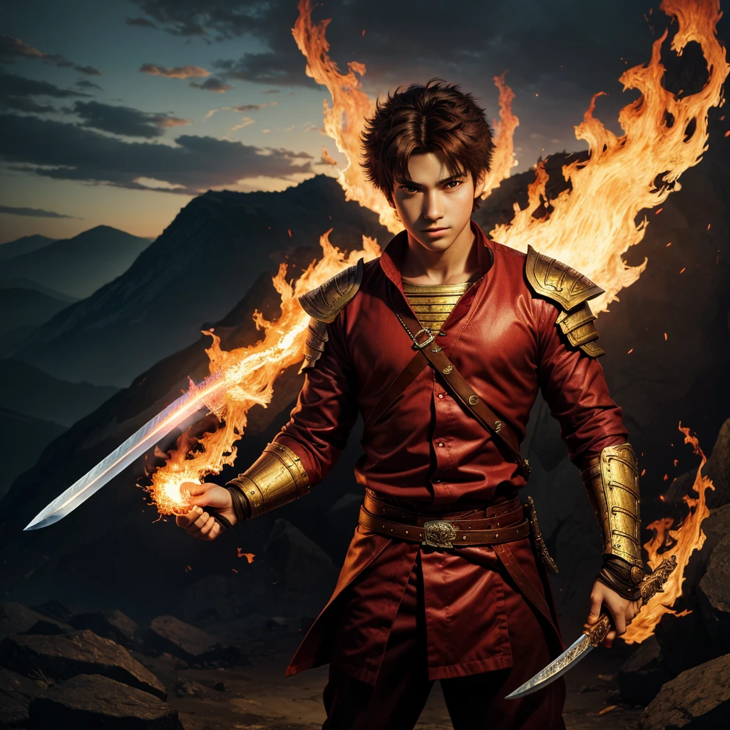 absurd res, high res, (masterpiece:1.4), ultra-detailed, Anime, Boy, Holding Fiery Sword,