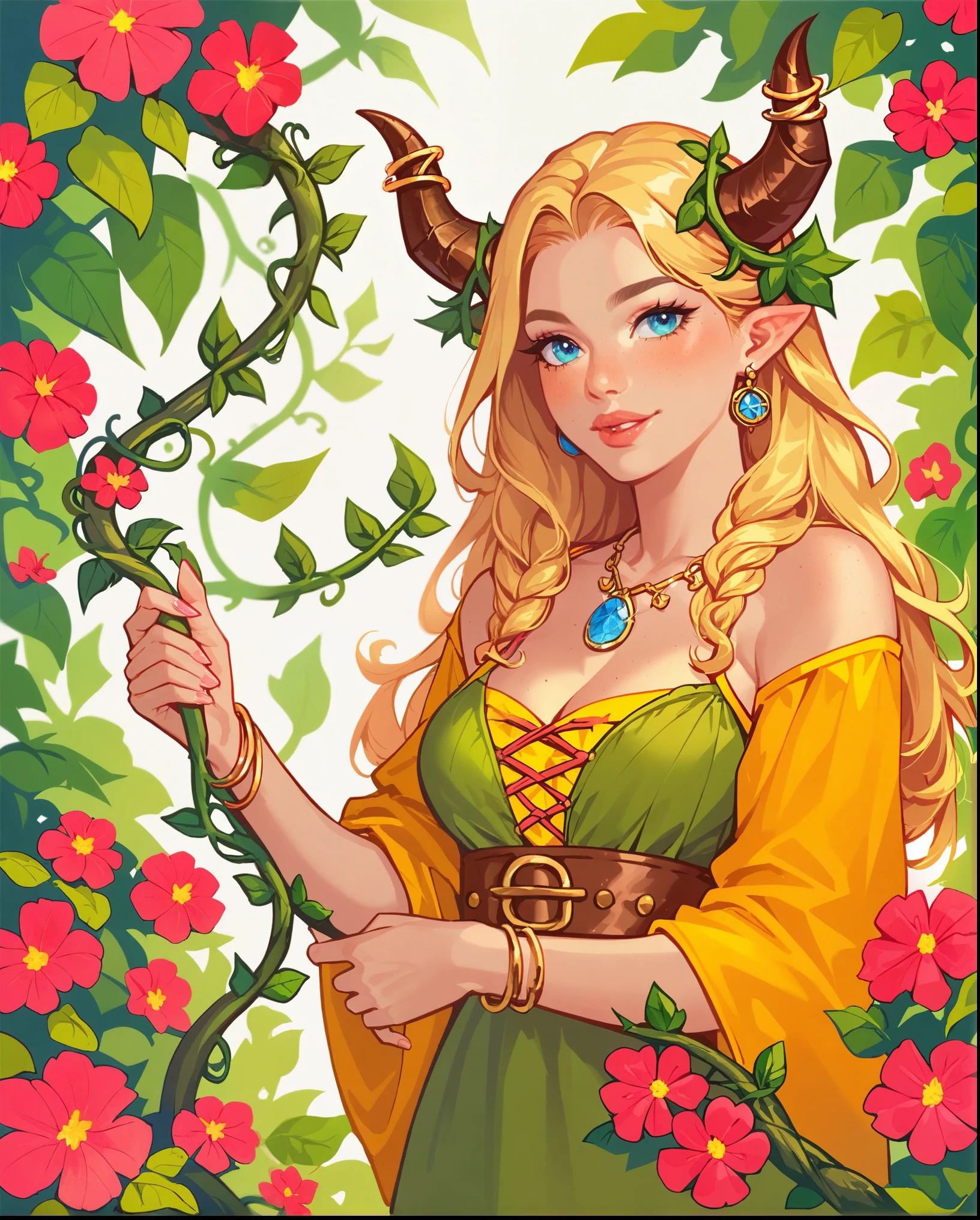 score_9, score_8_up, score_7_up, score_6_up, score_5_up, score_4_up, BREAK source_anime, yellow medieval summer girl, concept, vines on the hand and horns from vines