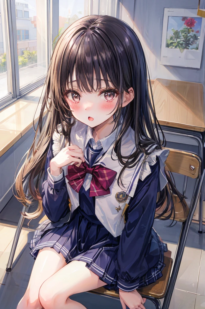 (Highest quality, 8K, 32k, masterpiece, Ultra-high resolution,:1.2),born, Two Girls,Super cute , Natural light,Clear, shining eyes, 20-year-old,Mid-chest ,Fair skin ,Blushed,Dynamic Lighting, School classroom,Sitting in a chair, ((学born服)),  loafers, Shiny,Open your mouth wide,Wide lips,Vulgar mouth,Looking up,Flattery,