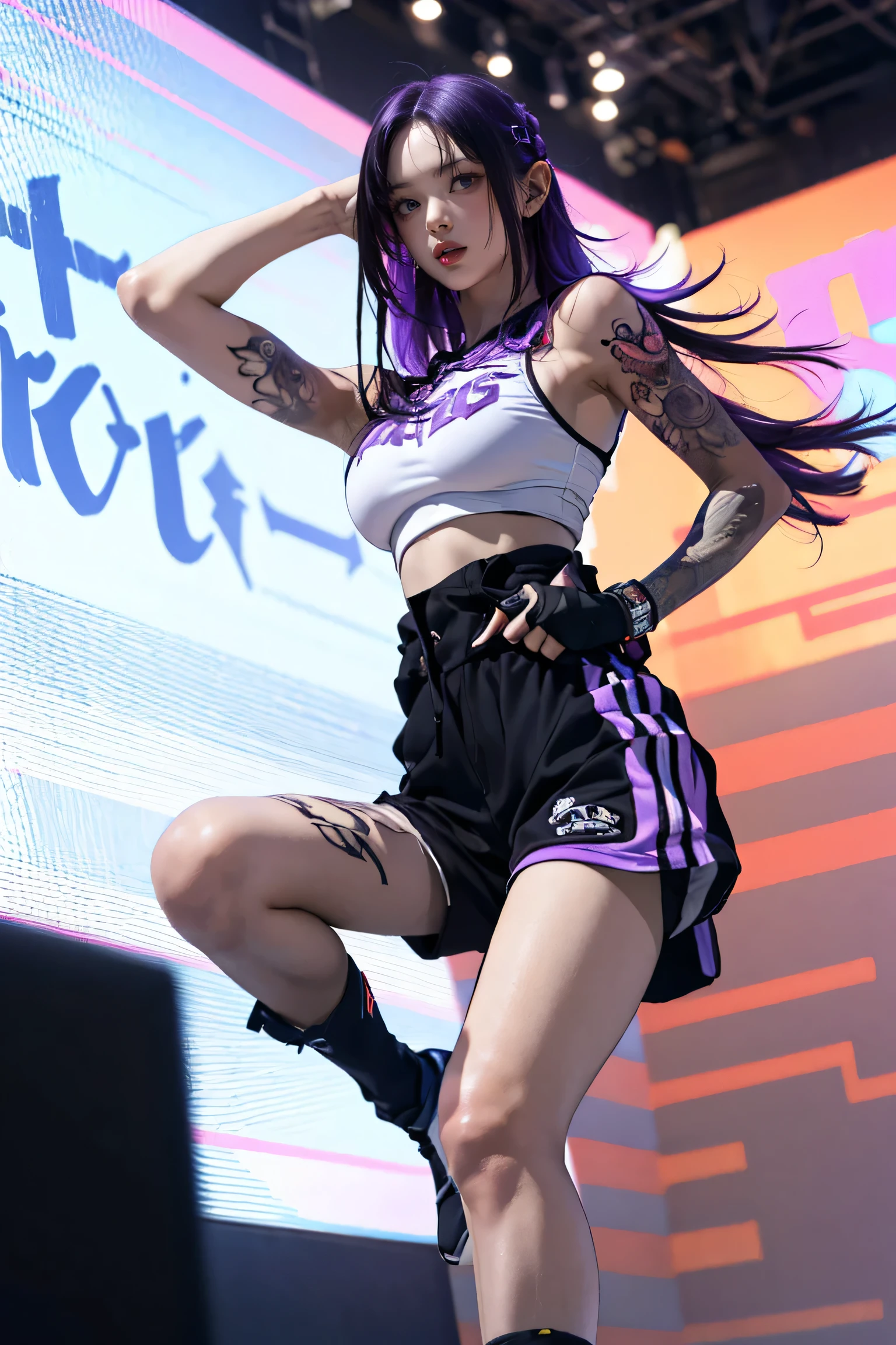 Perfect Style, Beautiful Face, Highly detailed face and skin texture, (Maximum resolution: 1.2), 1 female, alone, Hip Up, jewelry, (((He has many tattoos all over his body)), Streetwear, Play sports often, Purple Hair, Shorts, Sports boots, (((Tight waist))), ((Big Breasts))