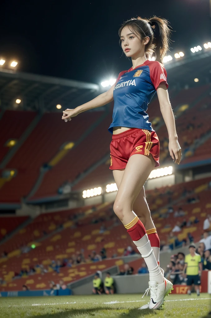 (((best quality))),(((ultra detailed))),(((masterpiece))),illustration,((1 beautiful girl,female footballer,solo)),((small breasts,flat chest)),((slim,thin)),summer night,stadium,crowded stands,enthusiastic spectators,football match,(short ponytail:1.2),(short sleeves:1.2),((Spain team kit,red shirt,blue shorts)),(slender legs:1.2),(football:1.3),fluid movements,powerful,sweat,forehead,exhaustion,passion for football,purposeful running,electric atmosphere,crowd roar,critical juncture,pressure,undeterred,floodlights,luminous glow,long shadows,drama,breathtaking sight,raw passion,unbridled energy,determination,skill,embodiment of sport's spirit,strength,resilience of human spirit,(standing:1.3),((from front,full body))