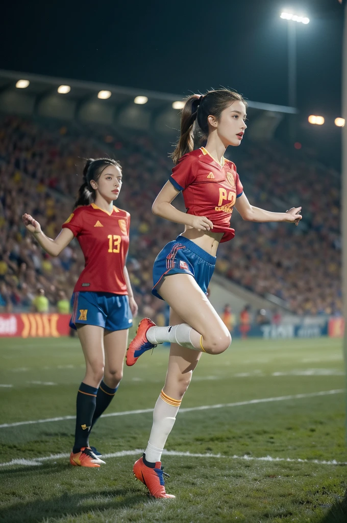 (((best quality))),(((ultra detailed))),(((masterpiece))),illustration,((1 beautiful girl,female footballer,solo)),((small breasts,flat chest)),((slim,thin)),summer night,stadium,crowded stands,enthusiastic spectators,football match,(short ponytail:1.2),(short sleeves:1.2),((Spain team kit,red shirt,blue shorts)),(slender legs:1.2),(football:1.3),fluid movements,powerful,sweat,forehead,exhaustion,passion for football,purposeful running,electric atmosphere,crowd roar,critical juncture,pressure,undeterred,floodlights,luminous glow,long shadows,drama,breathtaking sight,raw passion,unbridled energy,determination,skill,embodiment of sport's spirit,strength,resilience of human spirit,(standing:1.3),((from front,full body))