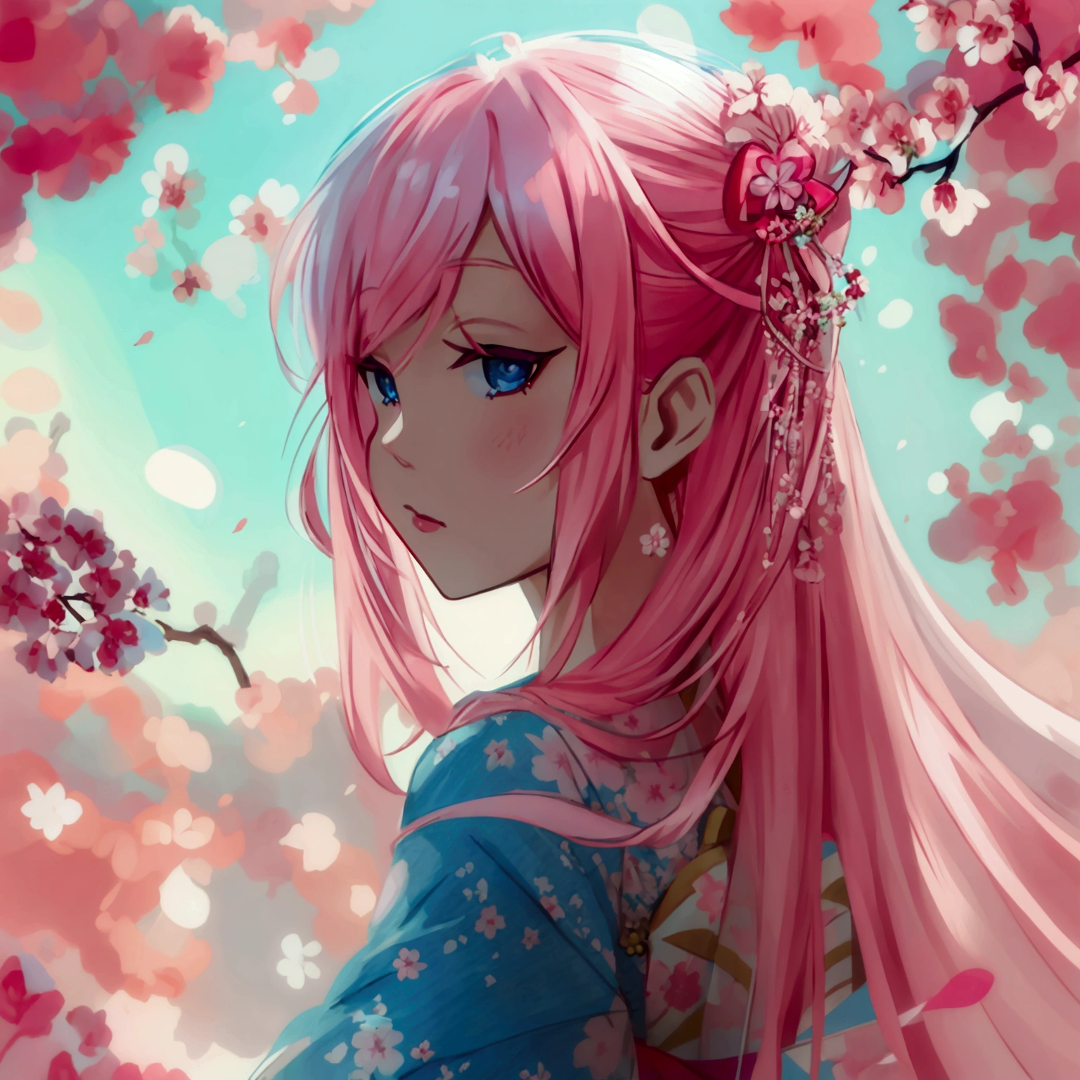 Pink hair straight long full body droopy eyes blue eyes pink kimono with white ruffles cherry blossom flower pattern female star hairpin