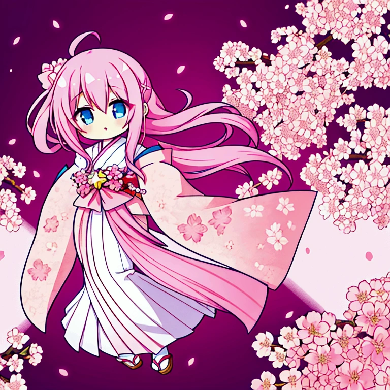 Pink hair straight long full body droopy eyes blue eyes pink kimono with white ruffles cherry blossom flower pattern female star hairpin