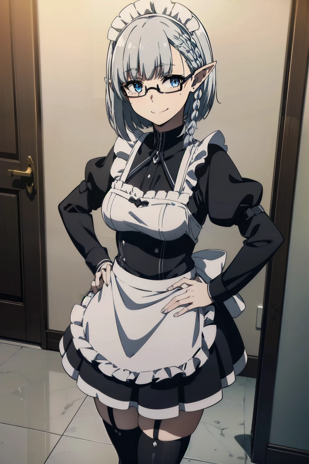 (Beta), (The Eminence in Shadow), 1girl, blue eyes, (mole under eye), elf ears, silver hair, bob cut, (side Short braids), glasses, medium Breasts,  (maid), (maid apron), ( black kneehighs), (black high-heels), smile, looking at viewer, front view, cowboy shot, put hands on hips, indoor
