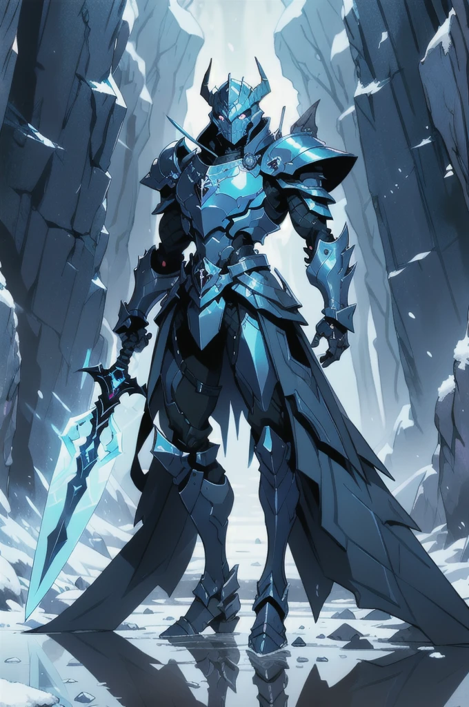 The whole body of a demonic demon man with a big sword and a crystal ice, blue and black armor, demon armor, from head to toes, corrupted armor, crystal ice color reflected armor,  blue demon armor, cold conjuring armored, devilcore, lord of snow, arte conceitual digital devilcore, ice knight, arte conceitual devilcore, Armadura Daedric, shadow armor, blizard enigma, crystal ice armor, sword and shield, big shield, enormous shield