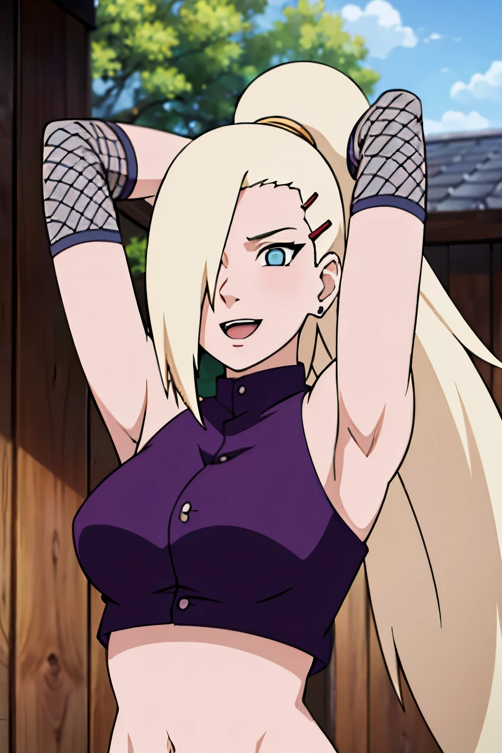 (serving viewer), Ino yamanaka, looking at the viewer, attractive, from below, ultra detailed face, sunny day, day time, upper body view, anime style, solo, detailed home, blonde, (purple clothes), ((one eye covered with hair, hair over eye)), medium breasts, belly button, looking at the viewer, thick arms, (off-shoulders, wide shoulders, curving body), hidden eye, smile, open mouth, very happy, tall, hair clip, sharp look, sharp face, sharp eye, cold colors,
