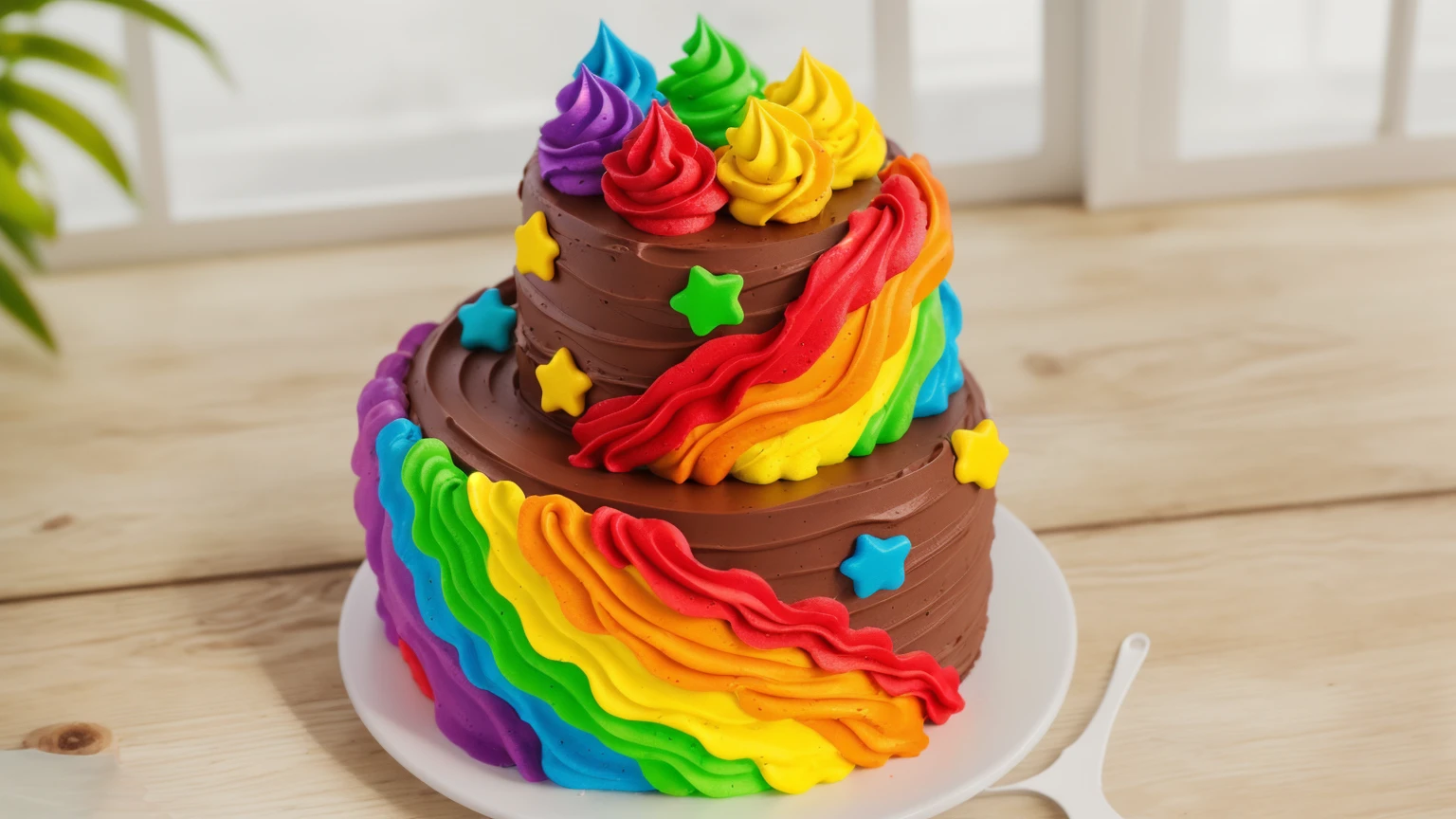 on a wooden table. there is a white plate. double tier chocolate cake ((chocolate cream texture, strokes of a pastry spatula)), rainbow cream in stitches, decorated with rainbow stars made of polymer clay, multi-colored cream on top ((cream highlights)), Beautiful light from the window, contour light, Multiple light sources, beautiful lighting, Bright light source, bright lighting, beautiful light sources, Multiple light sources, Realistic style , realistic texture, detailed texture, A high resolution, high quality, macro photography 