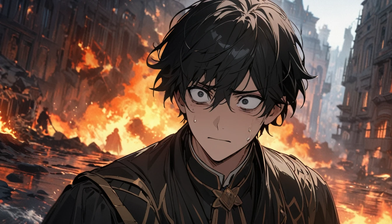 high resolution, An incomparable masterpiece, Detailed background, a handsome man with short black hair, black eyes, 4k, Masterpiece, bright Eyes, short hair, with a scared face, Fear is reflected in his eyes and the fire that he sees is also reflected in his eyes., disaster fear, But when he thought everything was lost, General Lasalle rescued him.