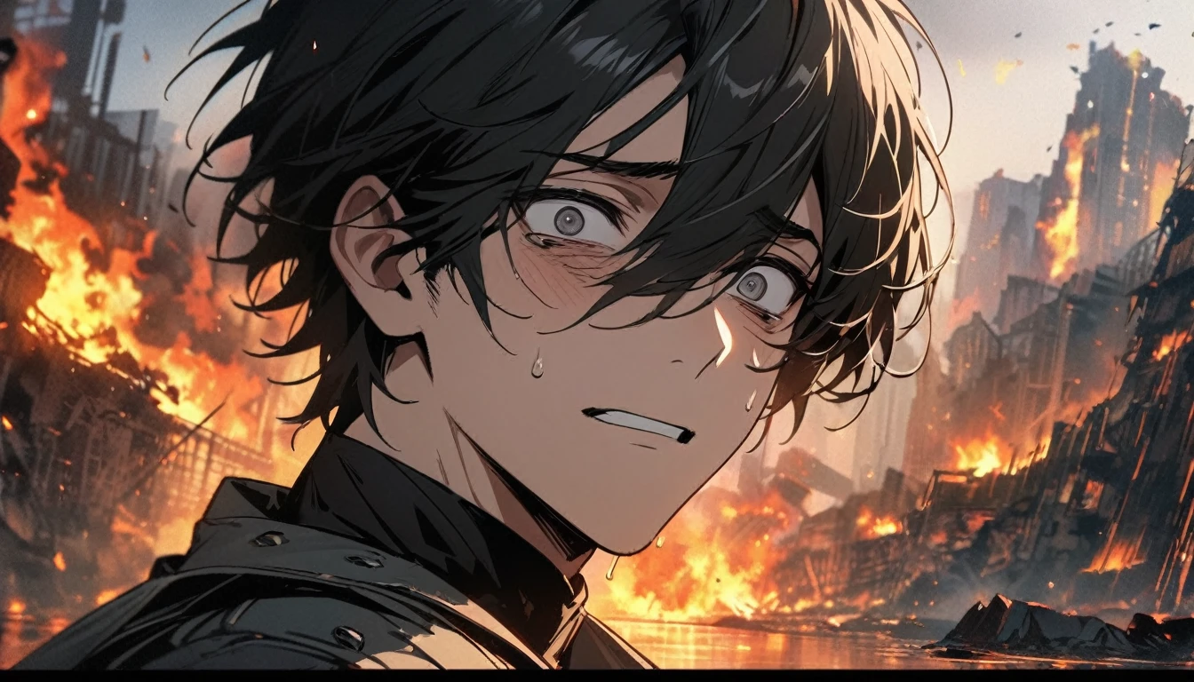 high resolution, An incomparable masterpiece, Detailed background, a handsome man with short black hair, black eyes, 4k, Masterpiece, bright Eyes, short hair, with a scared face, Fear is reflected in his eyes and the fire that he sees is also reflected in his eyes., disaster fear, But when he thought everything was lost, General Lasalle rescued him.