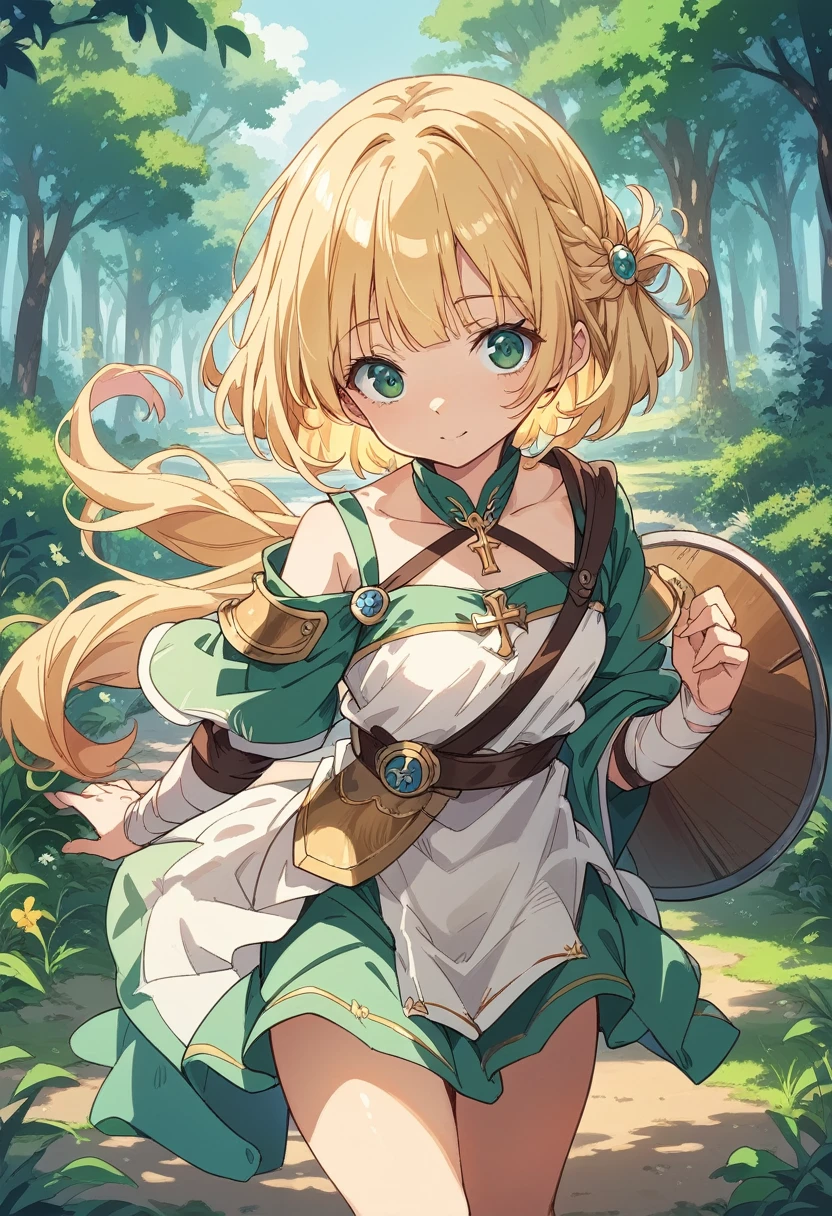 BREAK Perfect Anatomy、(High resolution:1.2)、Incredible illustrations、(Cute illustrations:1.2)、 （Beautiful background（deep in the forest)) 1 girl(Blonde, bowlcut, greeneyes)(Large poncho, shield shoulder strap with cross, light armor, buster sword)