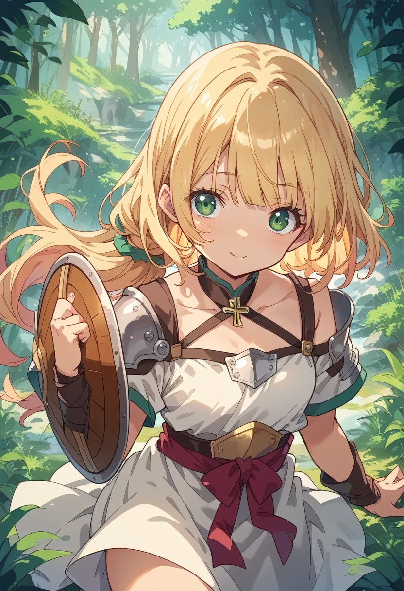 BREAK Perfect Anatomy、(High resolution:1.2)、Incredible illustrations、(Cute illustrations:1.2)、 （Beautiful background（deep in the forest)) 1 girl(Blonde, bowlcut, greeneyes)(Large poncho, shield shoulder strap with cross, light armor, buster sword)