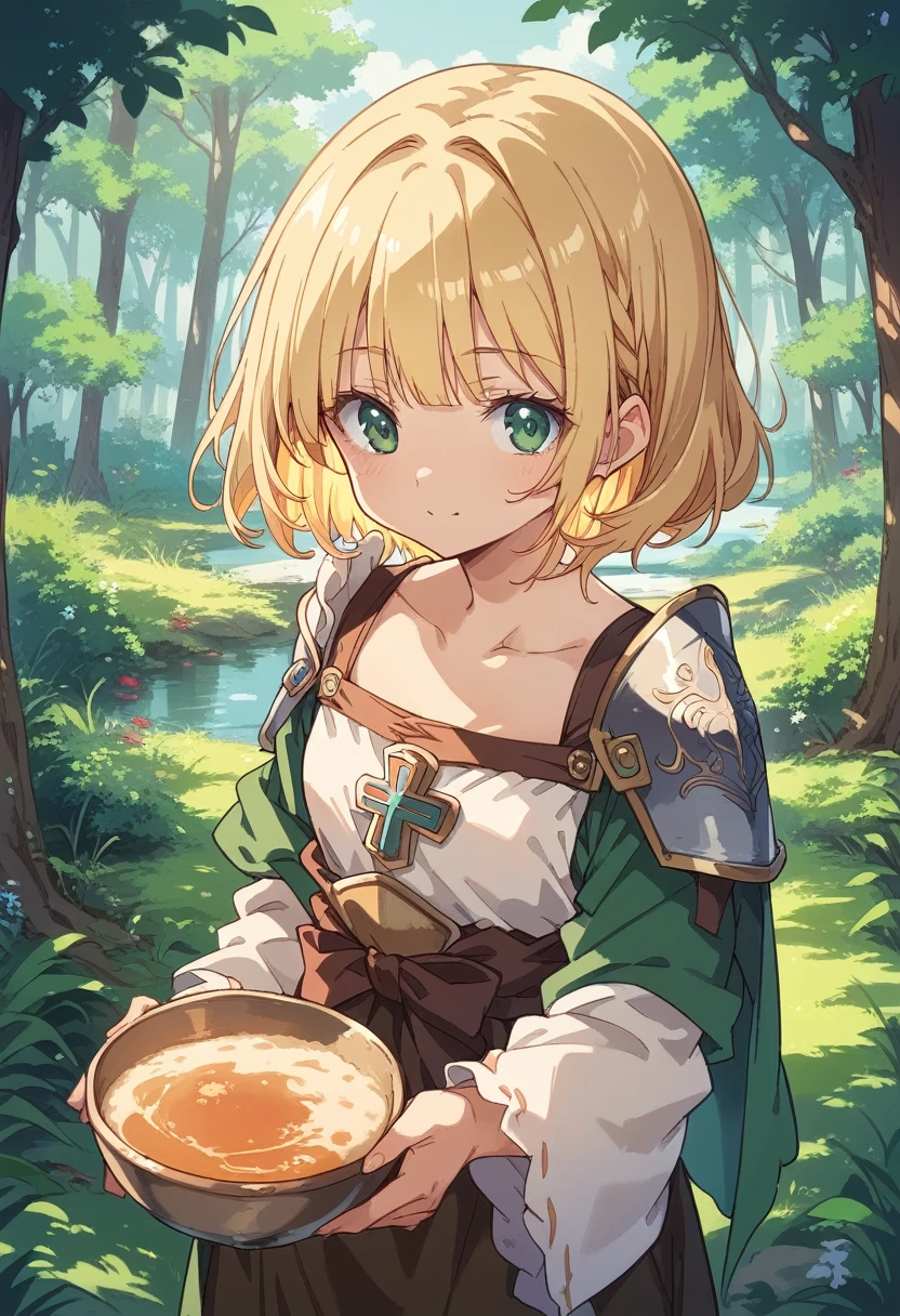 BREAK Perfect Anatomy、(High resolution:1.2)、Incredible illustrations、(Cute illustrations:1.2)、 (Beautiful background(deep in the forest)) 1 girl(Blonde, bowlcut, greeneyes)(Large poncho, shield shoulder strap with cross, light armor, buster sword)
