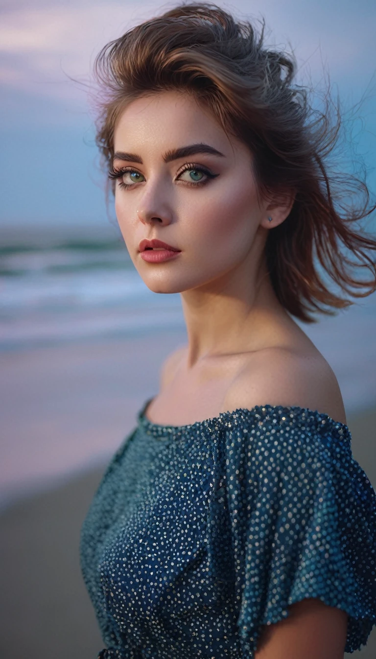 kmwld, (sharp focus:1.2), photo, attractive young woman, (beautiful face:1.1), detailed eyes, luscious lips, (cat eye makeup:0.85), (large eyes:1.0), (toned body:1.2), (1980s hair:1.2), wearing (1980s clothes:1.2) on a (beach:1.2). (moody lighting:1.2), depth of field, bokeh, 4K, HDR. by (James C. Christensen:1.2|Jeremy Lipking:1.1).