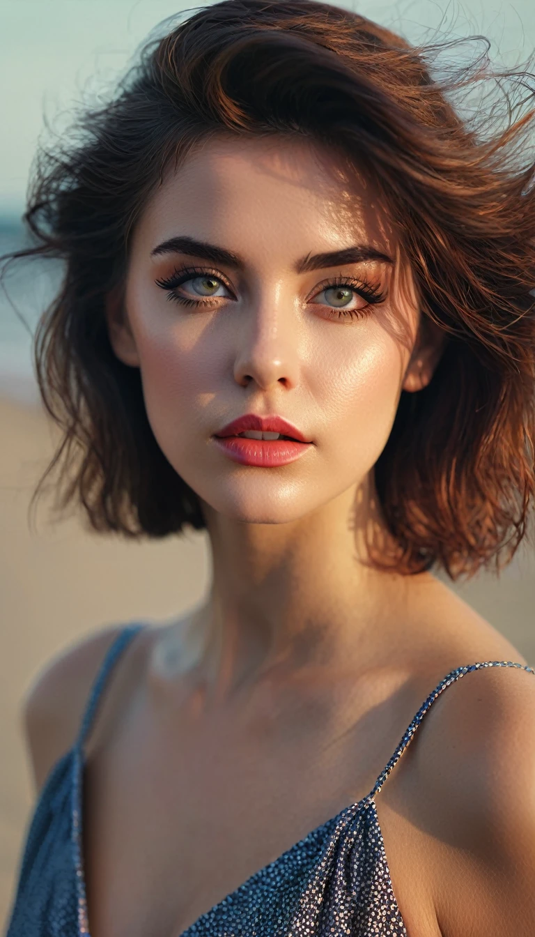 kmwld, (sharp focus:1.2), photo, attractive young woman, (beautiful face:1.1), detailed eyes, luscious lips, (cat eye makeup:0.85), (large eyes:1.0), (toned body:1.2), (1980s hair:1.2), wearing (1980s clothes:1.2) on a (beach:1.2). (moody lighting:1.2), depth of field, bokeh, 4K, HDR. by (James C. Christensen:1.2|Jeremy Lipking:1.1).