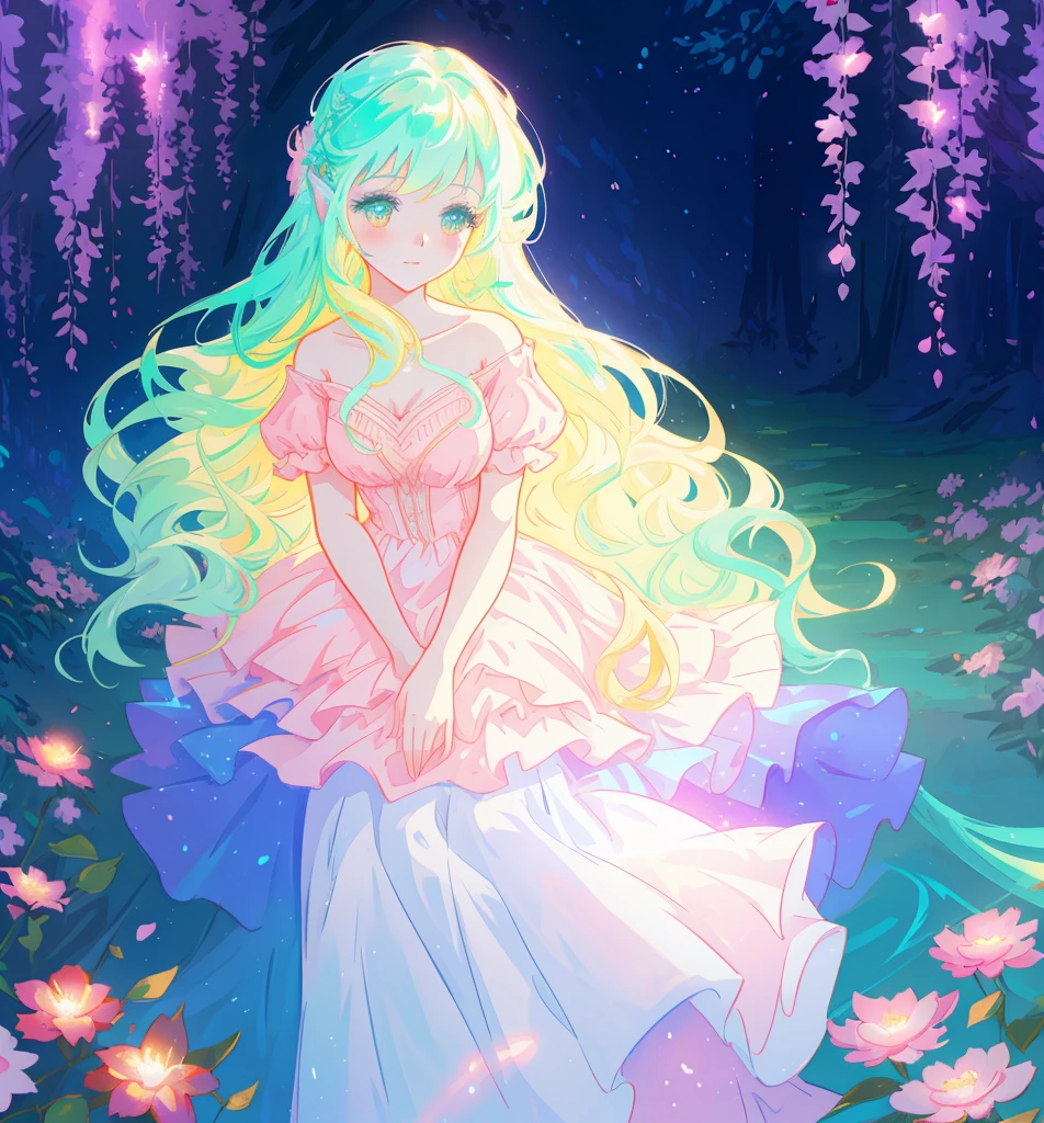 beautiful girl in flowing tiered layered ballgown dress, fairy dress, fairy queen, magical forest background, (glowing fairy wings), glowing flowing ballgown, long wavy hair, sparkling fairy wings, watercolor illustration, flowers and colorful plants, inspired by Glen Keane, inspired by Lois van Baarle, disney art style, by Lois van Baarle, glowing aura around her, by Glen Keane, jen bartel, glowing lights! digital painting, flowing glowing hair, glowing flowing hair, beautiful digital illustration, fantasia otherworldly landscape plants flowers, beautiful, masterpiece, best quality, anime disney style