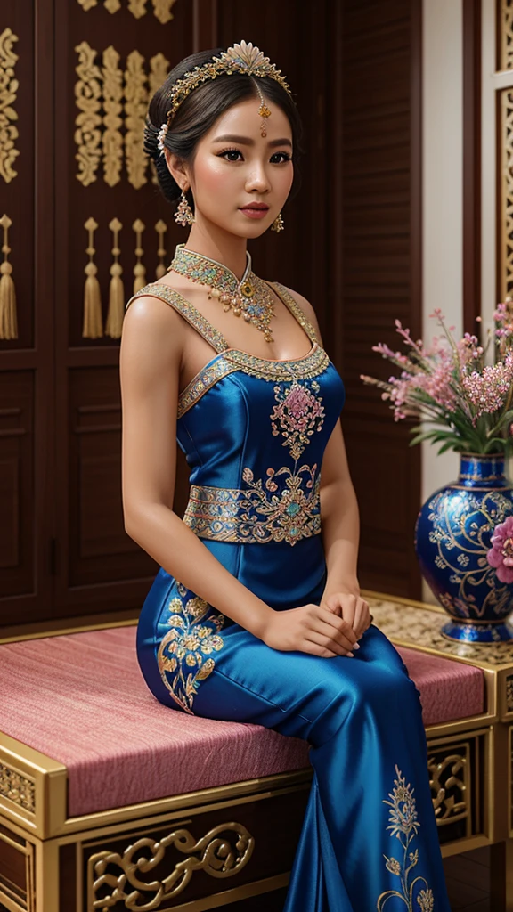 Create realistic, 3D photography;  A young woman dressed in traditional Asian/Balinese attire in an elegant blue kebaya, decorated with intricate sequins and beads.  She sat gracefully, her hair neatly styled and decorated with pink flowers.  The background is luxurious with flower vases and artistic decorations that add to the impression of luxury.  detailed, ultra hd,