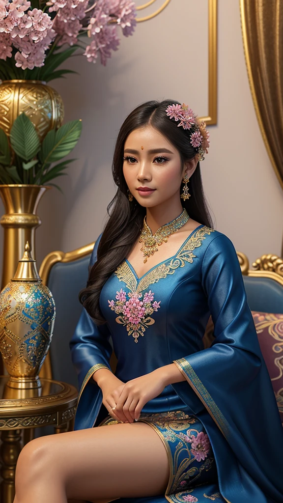 Create realistic, 3D photography;  A young woman dressed in traditional Asian/Balinese attire in an elegant blue kebaya, decorated with intricate sequins and beads.  She sat gracefully, her hair neatly styled and decorated with pink flowers.  The background is luxurious with flower vases and artistic decorations that add to the impression of luxury.  detailed, ultra hd,