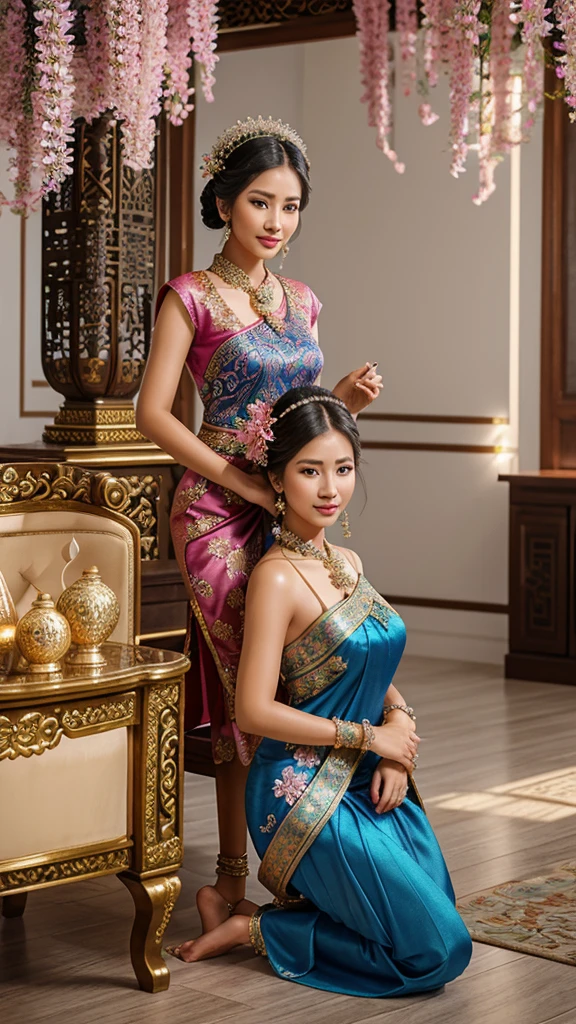 Create realistic, 3D photography;  A young woman dressed in traditional Asian/Balinese attire in an elegant blue kebaya, decorated with intricate sequins and beads.  She sat gracefully, her hair neatly styled and decorated with pink flowers.  The background is luxurious with flower vases and artistic decorations that add to the impression of luxury.  detailed, ultra hd,