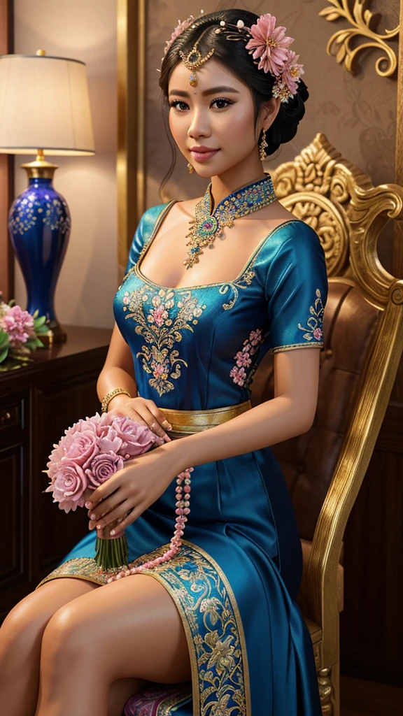 Create realistic, 3D photography; A young woman dressed in traditional Asian/Balinese attire in an elegant blue kebaya, decorated with intricate sequins and beads. She sat gracefully, her hair neatly styled and decorated with pink flowers. The background is luxurious with flower vases and artistic decorations that add to the impression of luxury. detailed, ultra hd,