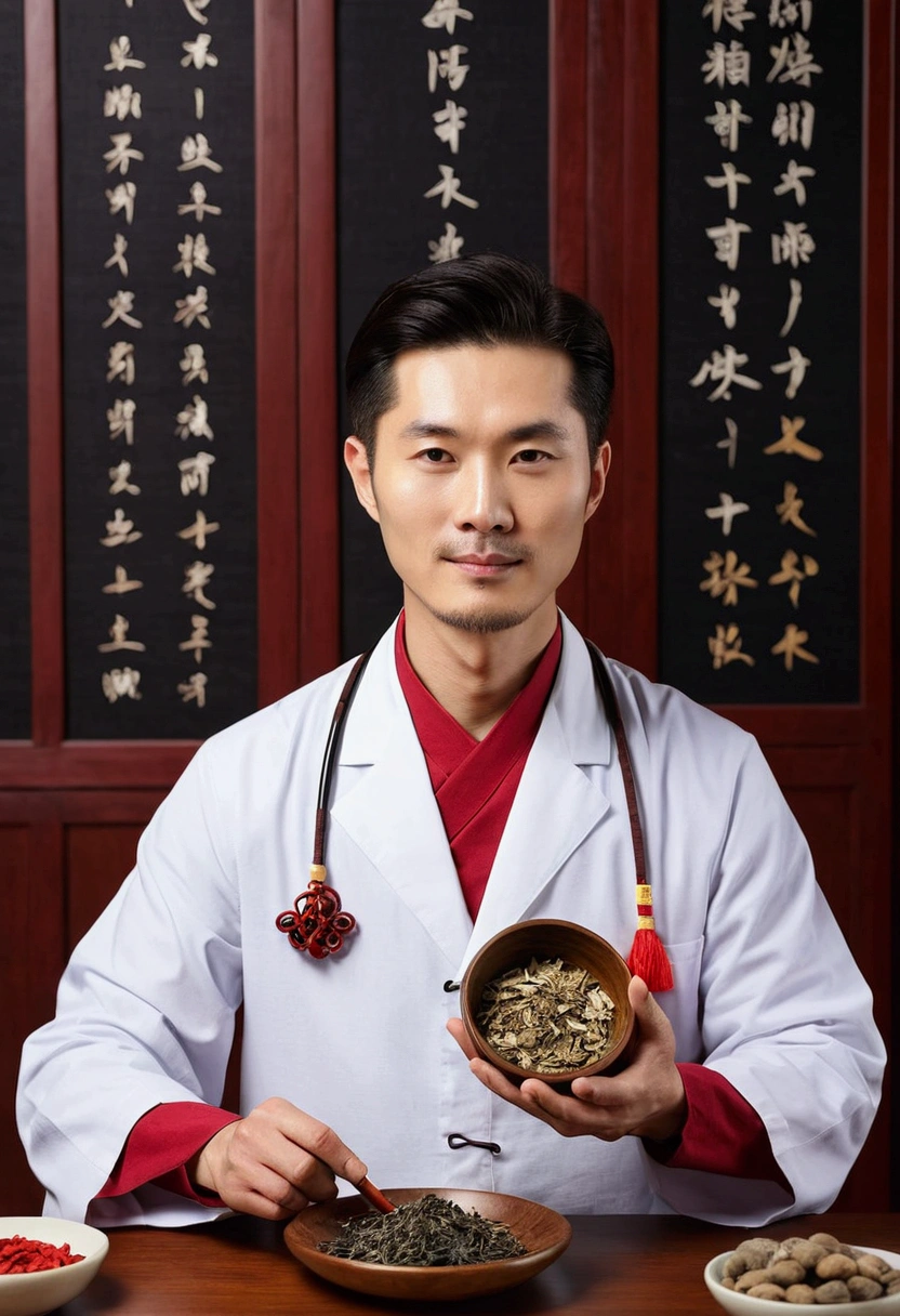 Traditional Chinese medicine doctor 10명이 까운을 입고 병원 내에서 나란히 서있는 모습, whole body, Traditional Chinese medicine doctor, 남자Traditional Chinese medicine doctor