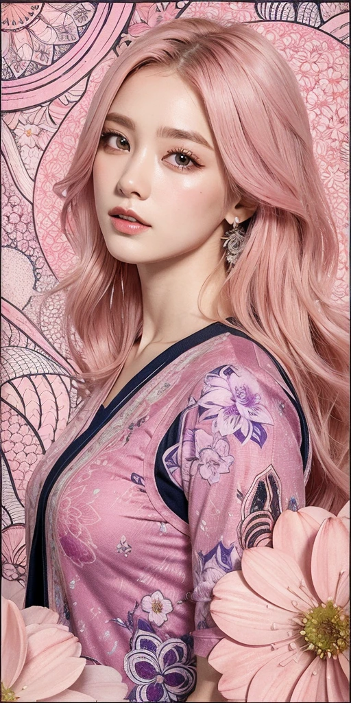 (ultra-detailed background, detailed background), absurdres, highres, ultra detailed, extremly detailed, 1girl, kokomi, genshin impact, pink hair, purple eyes, (bunch of flowers:1.3), (zentangle:1.2), (geometric:1.2),(colorful),