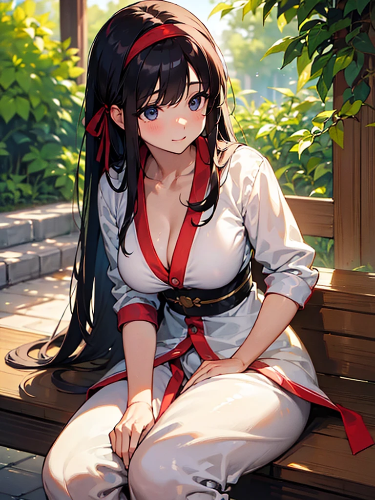 (masterpiece、top-quality、hight resolution), Create an image of a woman with a pure and innocent appearance, dressed in modest and elegant clothing. She should have an air of sophistication and refinement, with a gentle smile and a calm demeanor. The background can be a tasteful and upscale environment, such as a garden or a well-decorated room, emphasizing her outwardly pure and reputable persona. The image should subtly suggest a hidden, more promiscuous side without being explicit. ((red ribbon, hair band, cardigan, Glamorous body)), big tits