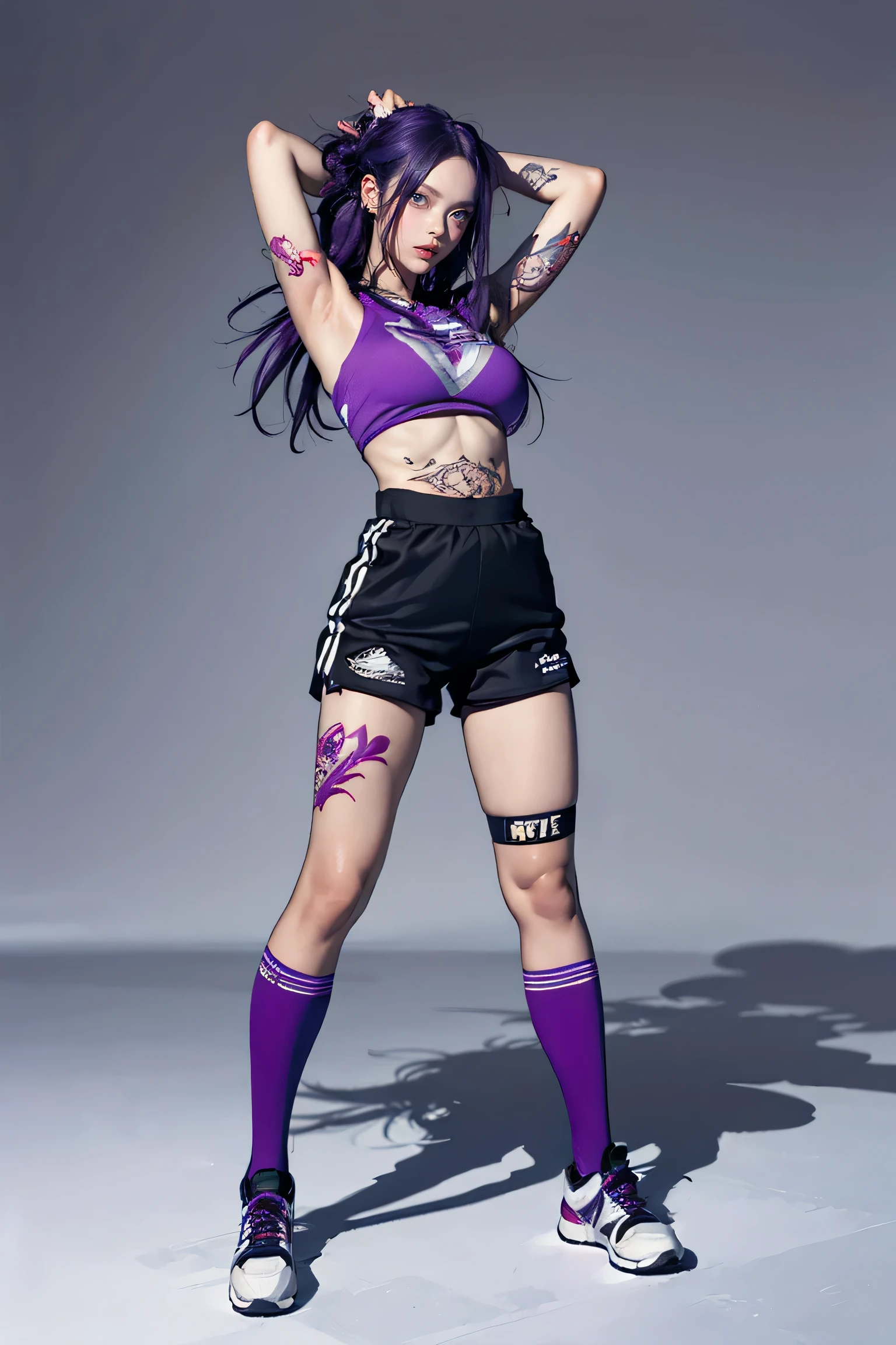 Perfect Style, Beautiful Face, Highly detailed face and skin texture, (Maximum resolution: 1.2), 1 female, alone, Hip Up, jewelry, (((He has many tattoos all over his body)), Streetwear, Play sports often, Purple Hair, Shorts, Sports boots, (((Tight waist))), ((Big Breasts))