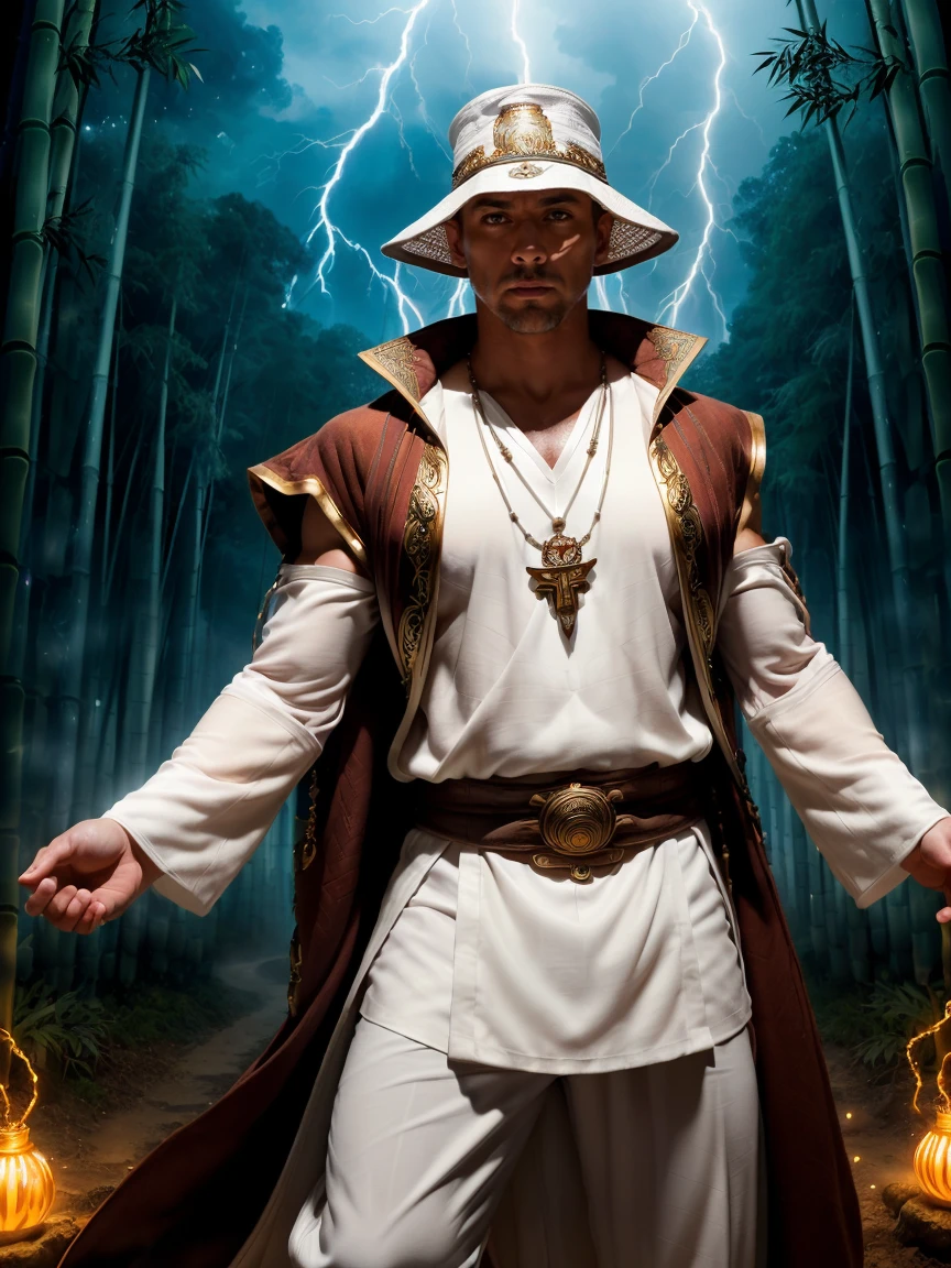 ((masterpiece)), ((best quality)), (ultra-detailed), absurdres, extremely detailed 8k wallpaper, Official Art, Accurate describe shapes, beautiful face, detailed hands, expressive eyes, upper body, looking at viewer, solo, (realistic), close-up, (standing, fighting stance, casting spell, thunder spell, serious:1.2), (bamboo forest, dramatic light, thunder surrounds, thunder chain, scenery, illustration:1.1), (1boy, mature male, muscular male, glowing eyes:1.4), (brown headwear, jingasa, amulet, beads, fingerless robe, arm guards, white shirt, white pants, long sleeves, blue vestments:1.3), ((masterpiece)), absurdres, HDR, raiden (mortal kombat), photorealistic, real person