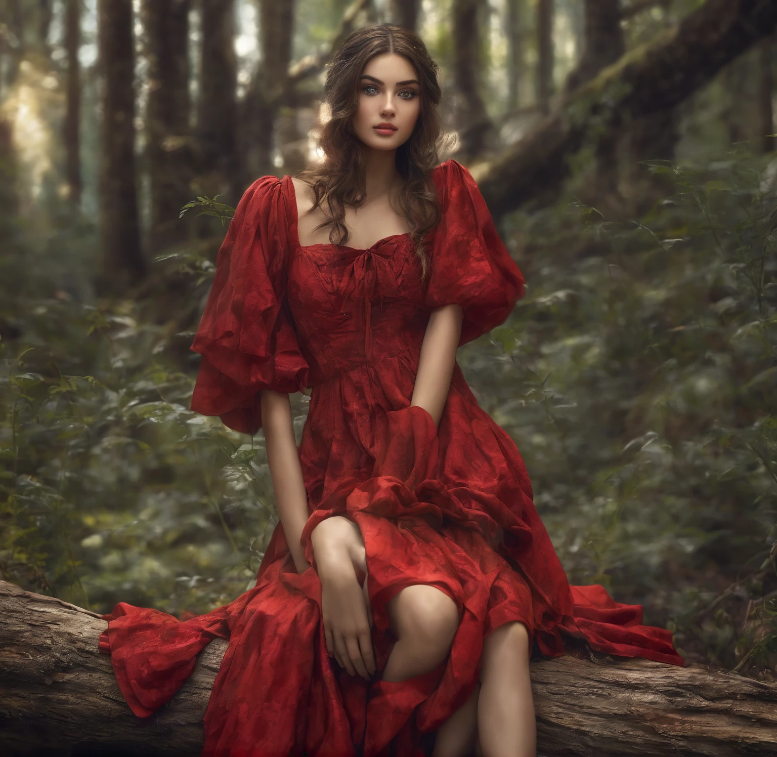 Arafed woman in a red dress sitting on a log in the forest, Little Red Riding Hood, 2d, masterpiece, best quality, anime, highly detailed face, highly detailed background, perfect lighting, [portrait photo, 4k]!!, lingeriebest quality, 4k , 8k , ultra high resolution, hdr raw photo, sharp focus, intricate texture, skin imperfections, photography