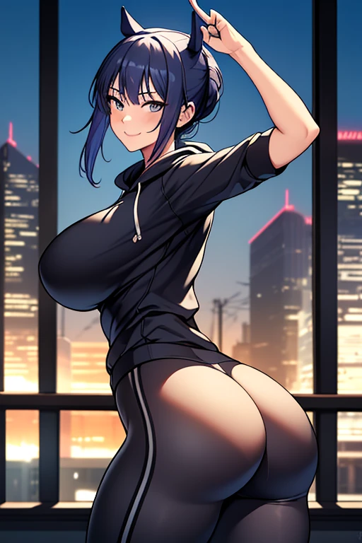 Masterpiece, Best Quality, Kaori Saeki, Horse tail, Hair tie, Blue Hoodie, Skinny Black Yoga Pants, athletic curves, curved, big ass, big breasts, thin waist, huge breasts, looking at the viewer, city background, cowboy shot, excited smile,