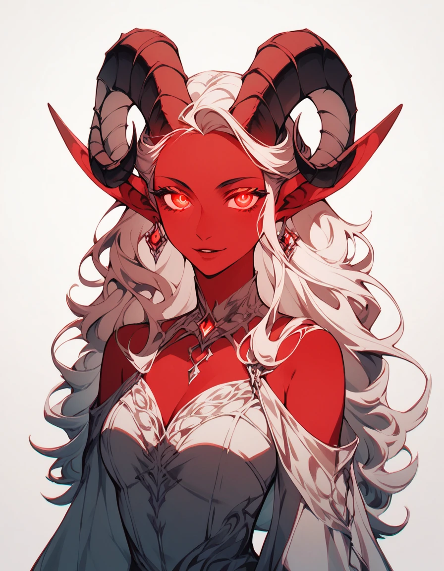 score_9, score_8_up, score_7_up, 1girl, solo, flowing hair, glowing red eyes, curved ram horns, sharp ears, red skin, demoness, stark white background, limited red palette, monochromatic, eerie atmosphere, light colorful dress, seductive,