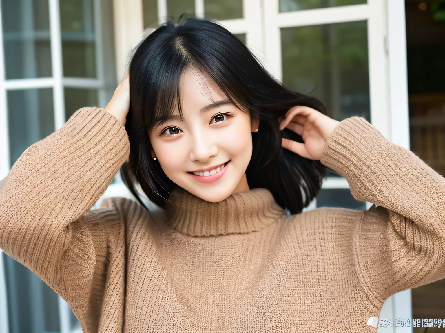round face、30-year-old woman、Black Hair、Face only、Charming、smile、Long sleeve、clear、Natural body