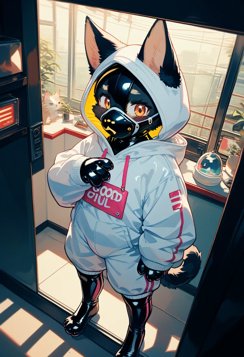 Highest quality, Highest quality, High quality illustrations, masterpiece, Ultra-high resolution, Detailed Background, Games Room, Absurd, Perfect Anatomy, performance, Good lighting, Shadows in the movies(kemono, Furry PersonifiCation), Cat, Dark Skin, Rubber suit, Rubber suit, latex, neon, neonライト, neonカラー, Rubber spats, White rubber hoodie, Rubber mask, ribbon, Embarrassing, Null bulge, male, juvenile, From above